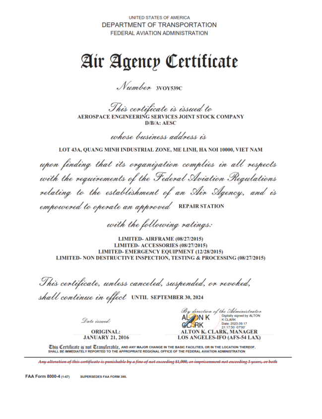 FAA Air Agency Certificate 3VOY539C Renewal